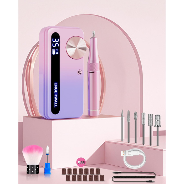 Професійний фрезер для нігтів ENGERWALL 35000 об/хв, акумуляторний електричний фрезер для гелю та акрилу, бездротове манікюрне E-File набір з 7 насадками та 56 шліфувальними бандажами, темно-сріблястого кольору (портативний, акумуляторний - рожево-блакитний)
