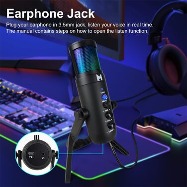 USB мікрофон для ПК, геймінгу, стрімінгу, подкастів та запису голосу. RGB-підсвітка, сумісний з телефоном, ПК, PS4, PS5 та Mac
