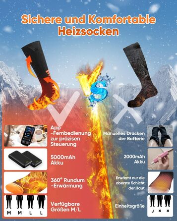 Гріючі шкарпетки з керуванням через додаток, 5000mAh, 5V, 3 режими нагріву, 360° нагрів, для жінок та чоловіків, для катання на лижах та полювання, середнього розміру