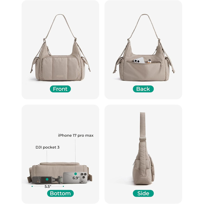 Сумка жіноча bagsmart через плече, кросбоді, м'яка пухова, бежева. Робоча сумка з відділеннями для подорожей, школи, університету