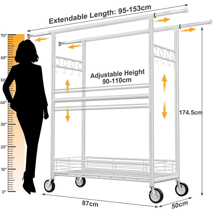 Вішалка для одягу Bomclap, міцна, на колесах, розсувна, з 3 перекладинами, 8 гачків та полицею, до 160 кг, біла