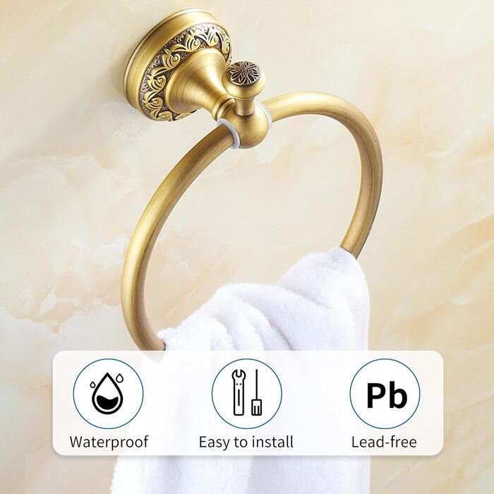 Brass toothbrush holder, antique bronze finish, cup holder with white ceramic cup, wall-mounted, bathroom accessory, patterned carving design (towel ring)