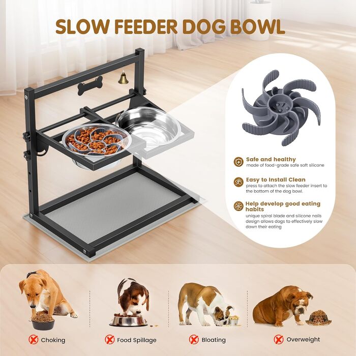 Підвищена годівниця для собак Sunowl, регульована висота та кут, 2 миски, нержавіюча сталь, повільне годування, антиковзаюча підставка