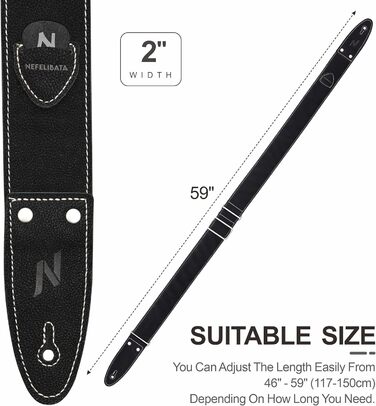 Гітарний ремінь Nefelibata з повного нубуку, з кишенькою для медіатора, для бас-гітари, електрогітари та акустичної гітари, з медіаторами, кнопками та замками (Чорний Зірка)