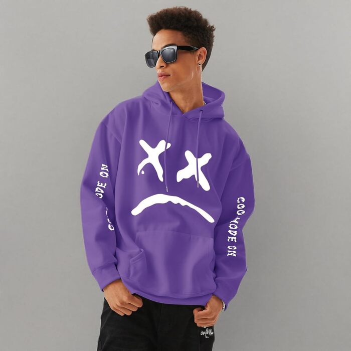 Худі для чоловіків: стильний пуловер з флісу в стилі хіп-хоп, довгі рукави, капюшон, streetwear, осінь/зима (L, фіолетовий)