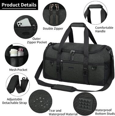 Lubardy Sports Bag/Duffle Bag Large 40L Waterproof with Sports Towel, Shoe Compartment, Wet Compartment, Weekender, Swim Bag, Training Bag, Gym Bag for Women and Men, Black