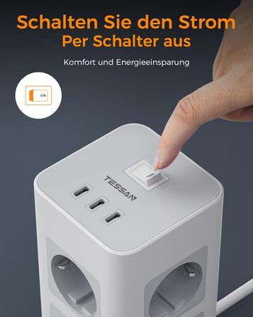 Блок розеток TESSAN з захистом від перенапруги, 3600W, 16A, 8 розеток, 3 USB-C, 2M, сірий