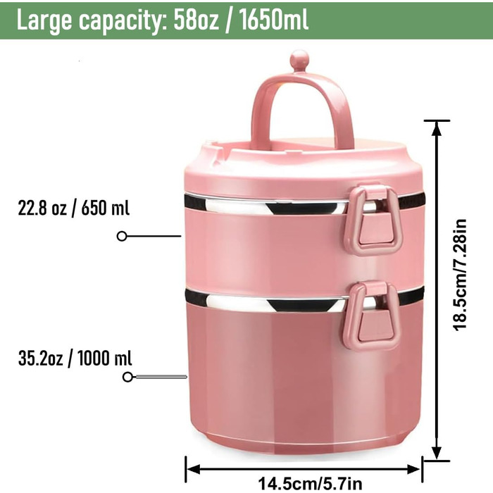 SANQIAHOME 2-Tier Stackable Stainless Steel Lunch Box, Leak-Proof, Pink