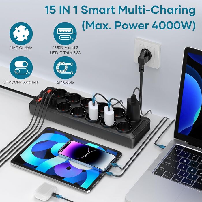 Многорозетка з USB, 11 розеток, з вимикачем, 2 USB-A та 2 USB-C порти, 4000W, 16A, 2M кабель, для дому, школи, офісу - Чорний