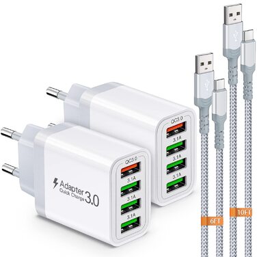 Зарядний пристрій USB 33W QC 3.0, 4 порти + 2 кабелі USB-C 2м/3м для Samsung Galaxy S24/23/22/21, iPad Pro, LG, Sony - білий