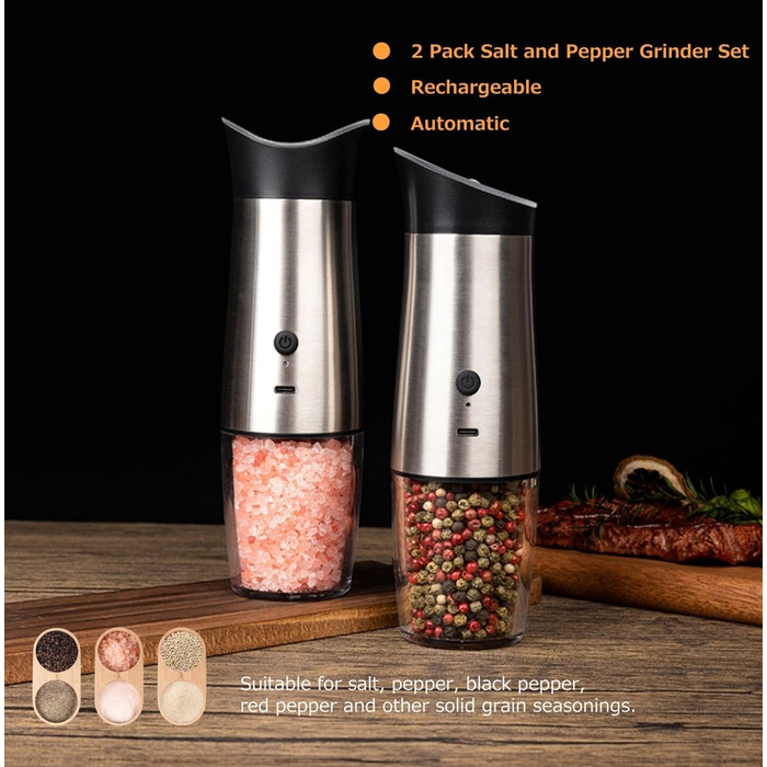 Gravity Electric Salt and Pepper Grinder Set, USB Rechargeable, Automatic, One-Handed Operation, Grinder for Kitchen, Grill, Adjustable Coarseness, Silver, 2 Pieces