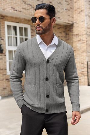 Чоловічий в'язаний кардиган COOFANDY з візерунком коси, V-подібний виріз, ґудзикова застібка, ребристий, з кишенями, сірий (S)