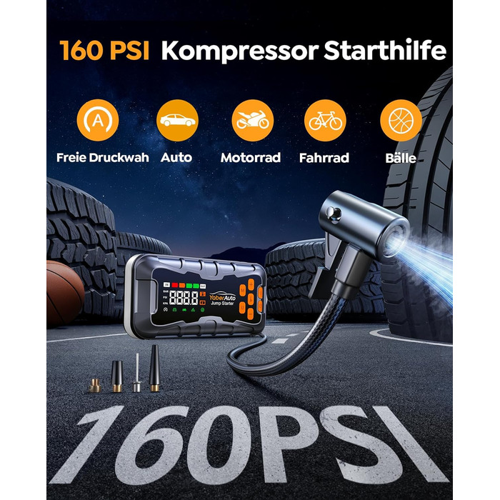 Пауербанк для авто 27000mAh 7000A з компресором 160PSI, пусковий пристрій для бенз./диз. (до 12.0L), ліхтарик, молоток-розбивач скла, набір інструментів
