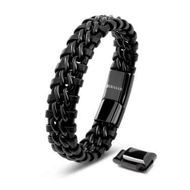 Чоловічий браслет SERASAR з натуральної шкіри Premium [Steel] чорного кольору з магнітною застібкою з нержавіючої сталі, 23 см, у подарунковій коробці