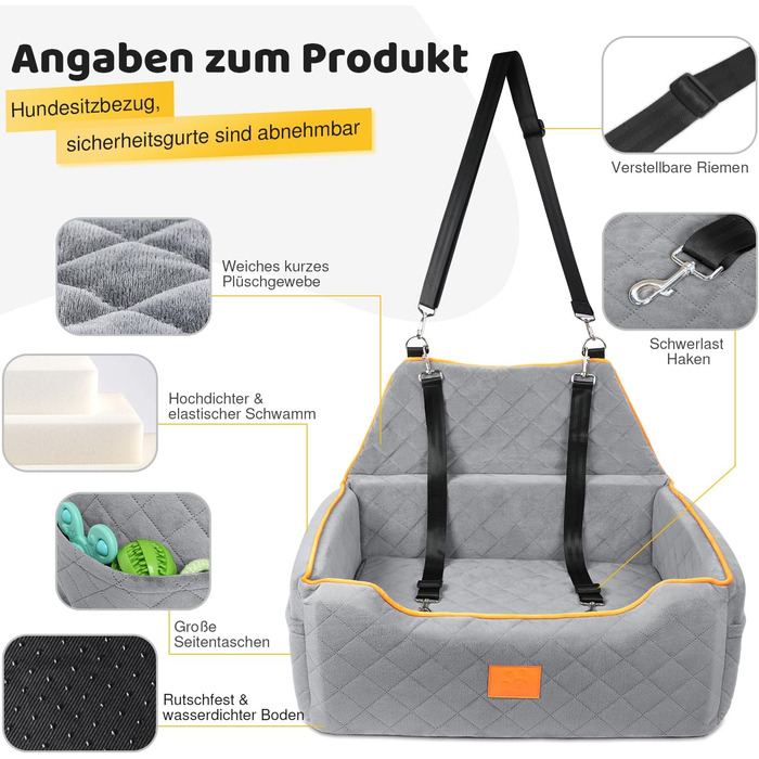 GL GLENSLAVE Dog Car Seat for Large/Medium Dogs - Elevated Pet Seat for Dogs Up to 25kg or 2 Small Dogs, Removable & Washable with Thick Cushions & Storage Pockets (Gray)