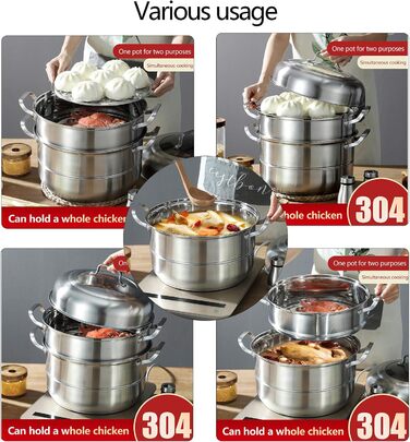 Пароварка SABUIDDS 32 см з 5 ярусами, з нержавіючої сталі, з кришкою з термостійкого скла, для всіх типів плит (індукція), для приготування кускусу та інших страв