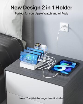 SooPii Зарядна станція USB-C 8 портів з PD 20W, кабель USB 8 шт., тримач для Apple Watch та AirPods - Біла