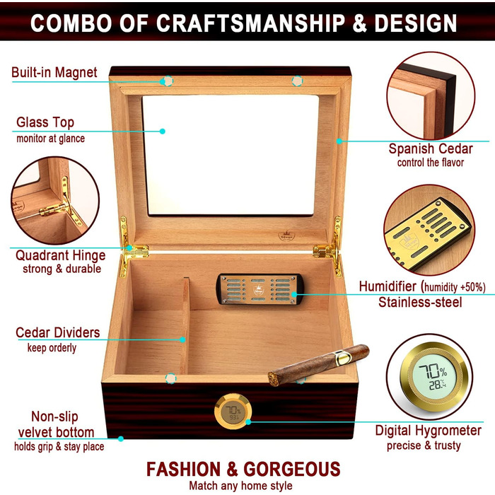 Вишуканий цигарковий вологий ящик (гумодор) ручної роботи з іспанського кедра, цифровим гігрометром, зволожувачем та роздільниками. Подарунок для чоловіків (30-50 сигар). Чорний колір.