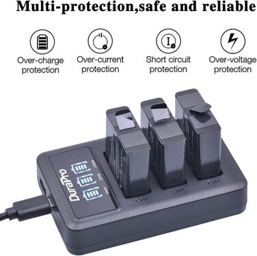 Акумулятор DuraPro 3 шт. 1600mAh для GoPro Hero 5/6/7 + Швидка зарядка LED 3 слоти USB Type-C