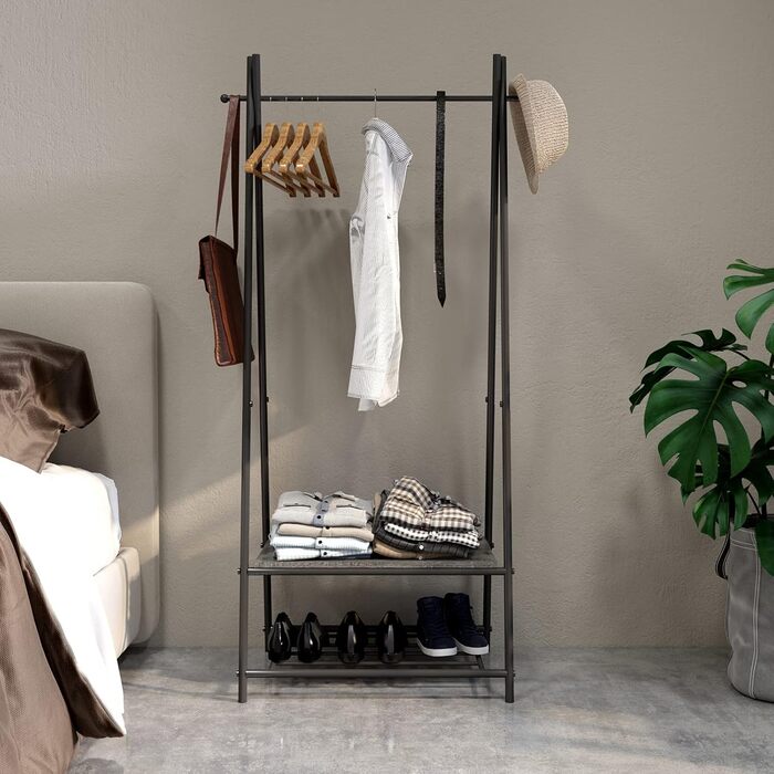 Coat rack, clothes rack, wardrobe with shoe storage, metal frame, for hallway, living room and veranda, retro-industrial clothes rack, 64cm x 41cm x 162cm, (Grey)