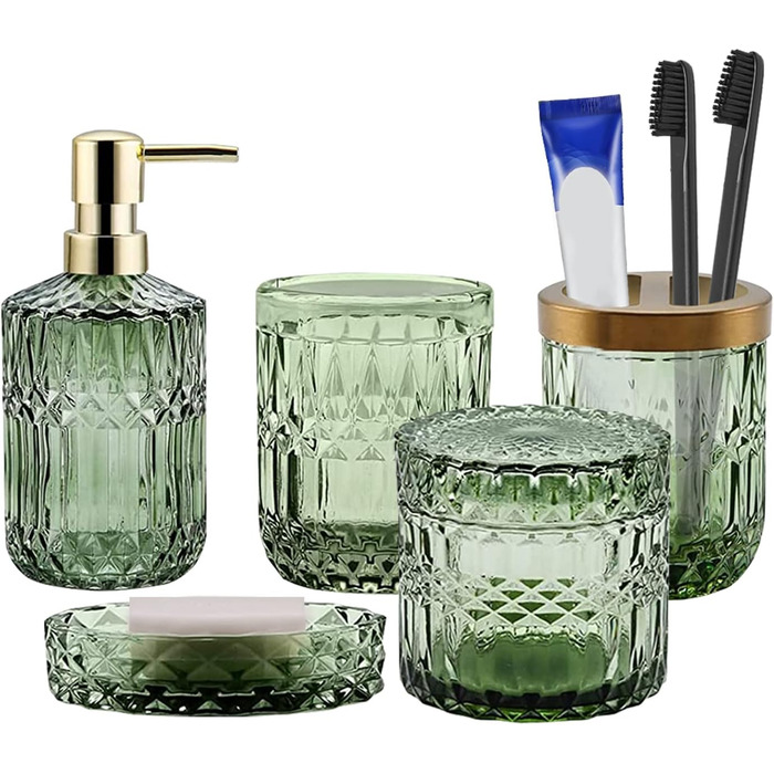 Bathroom Set, 5-Piece Glass Bathroom Accessory Sets including Lotion Dispenser, Soap Dish, Toothbrush Holder, Cup, Cotton Swabs, Modern Bathroom Decoration, Vintage Gift, Bathroom Decor Set (Green)