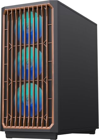 Корпус ПК GAMEMAX F45 Mid-Tower чорного кольору з дерев'яним декором, 4x ARGB PWM вентилятори, сумісний з BTF материнськими платами, скляна бічна панель, для геймінгу