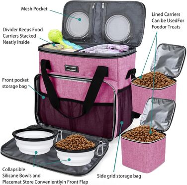 Сумка для собак Baglher, переноска для тварин (усі аксесуари для подорожей з тваринами), з 2 контейнерами для корму та 2 складаними мисками з силікону; незамінний набір для подорожей з домашніми тваринами, блакитний колір (M, Rose)
