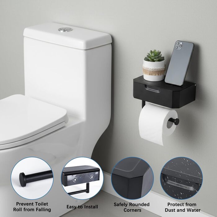 Тримач туалетного паперу Cozary без свердління з боксом для вологих серветок, чорний, нержавіюча сталь