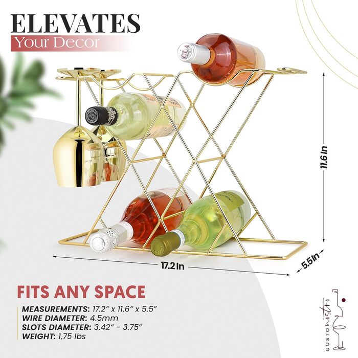 Стійка для вина Gusto Nostro на стіл - Металева, 3-рівнева, для 8 пляшок, без монтажу (Золота)