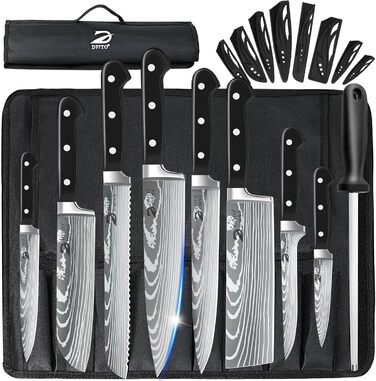 Набір кухонних ножів Dfito, 8 предметів: професійний набір з нержавіючої сталі з високовуглецевої сталі, гострі ножі для кухаря, чорна ручка