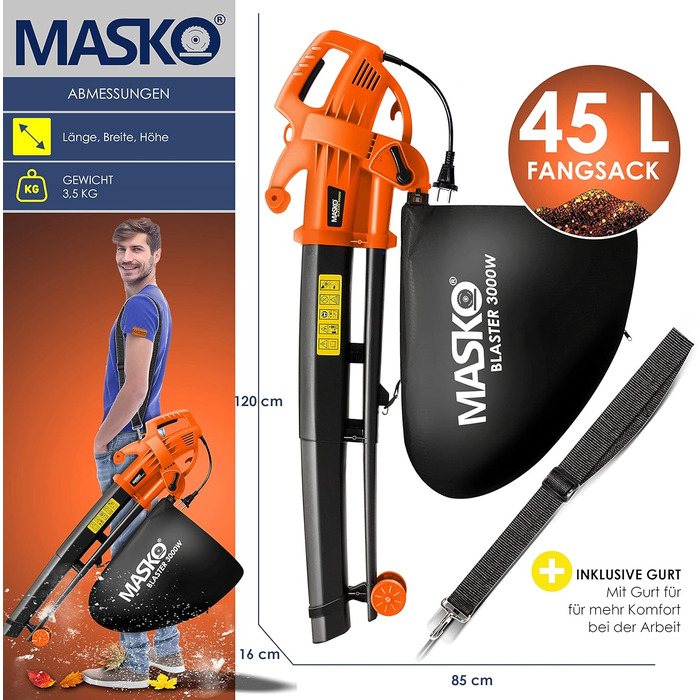 MASKO® Електричний садовий пилосос 3-в-1, 3000 Вт, з плечовим ременем, колесами і мішком 45 л, повітродувка та пилосос для листя, помаранчевий