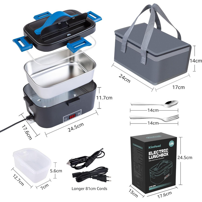 Електрична ланч-бокс Kimfead з індикатором температури, 1.8L, 80W, 12V/24V/230V, з сумкою та столовим прибором, для авто/вантажівки/офісу (синій індикатор температури)