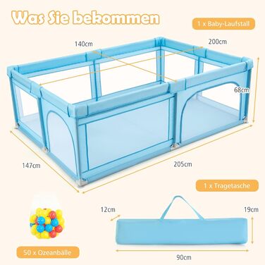 Манеж DREAMADE 200x140 см для дітей, з 50 кульками та сумкою, ігровий паркан для малюків, для дому та вулиці, синій, без матраца