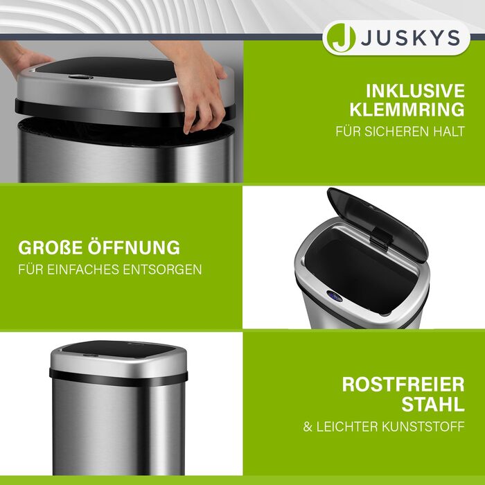 Відро для сміття Juskys з датчиком руху, 50л, нержавіюча сталь, кутовий, з кришкою-затискачем для пакетів