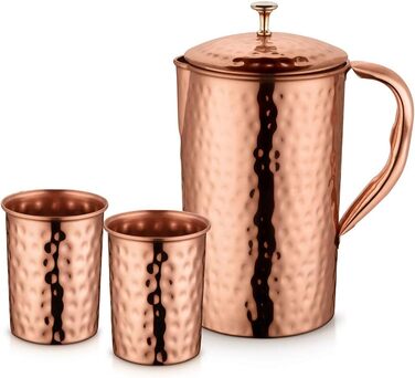 Handmade copper jug, 1.5 liters, and 2 glass beakers, for storing and serving water, suitable for restaurants, hotels, and homes.