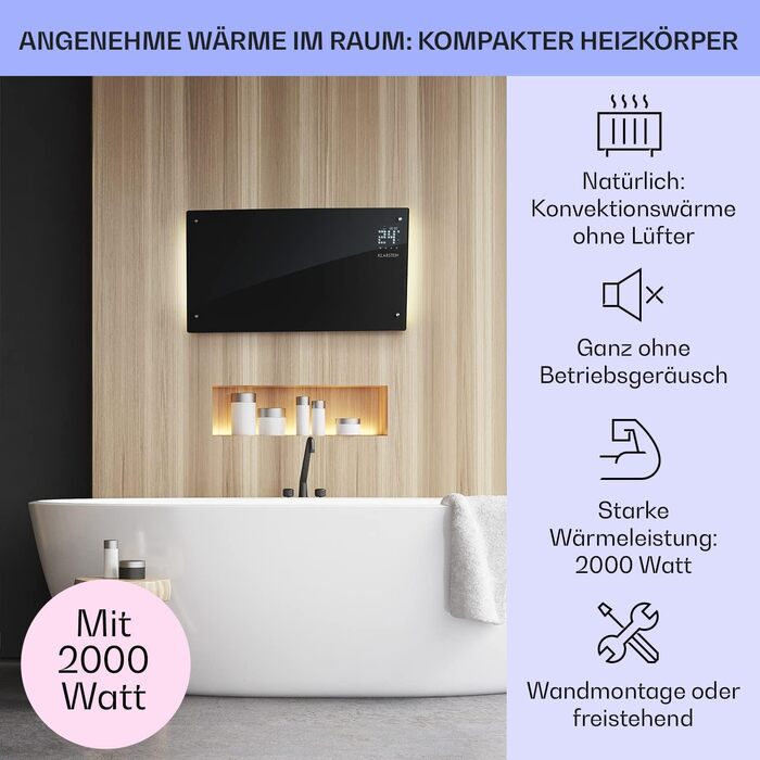 Електричний конвектор Klarstein Bornholm Curved Ambient: мобільний нагрівач з термостатом, 2000 Вт, чорний