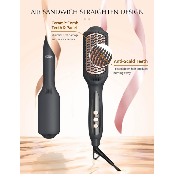 LANDOT Випрямляч для волосся з керамічним покриттям: електрична щітка-випрямляч з іонізацією та цифровим дисплеєм. Температура 120-230°C, чорний