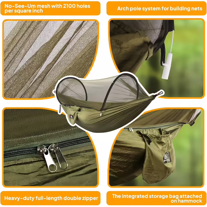 NATUREFUN Ultra-Light Travel Camping Hammock with Mosquito Net | 300 kg (660 lbs) Load Capacity, Breathable Quick-Drying Parachute Nylon | Includes 2 Premium Carabiners and 2 Nylon Straps