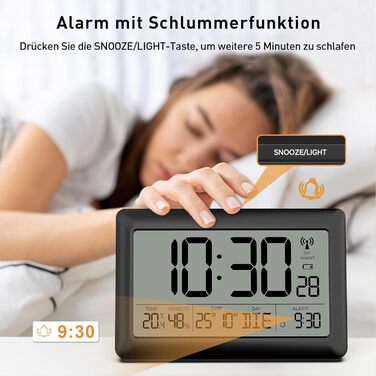 LATEC Wall Clock Digital, Digital Wall Clock with Temperature and Humidity Display, Radio Clock Digital with Backlight, Date, Day of the Week, Large, 20 x 13 x 1.2 cm (with batteries)
