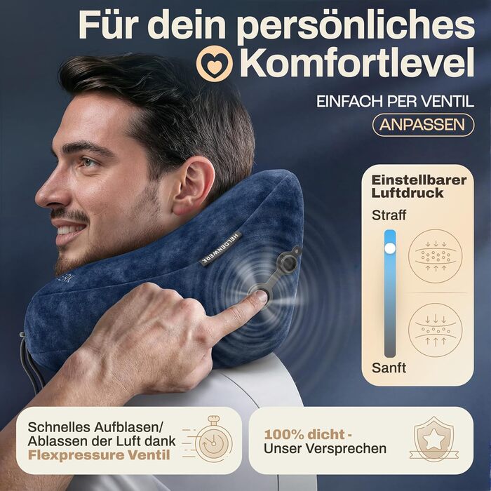 Подушка для шиї HELDENWERK® Air: 5 положень, швидка підкачка, регулювання тиску, знімний капюшон, для подорожей (літак, авто), темно-синій, великий розмір