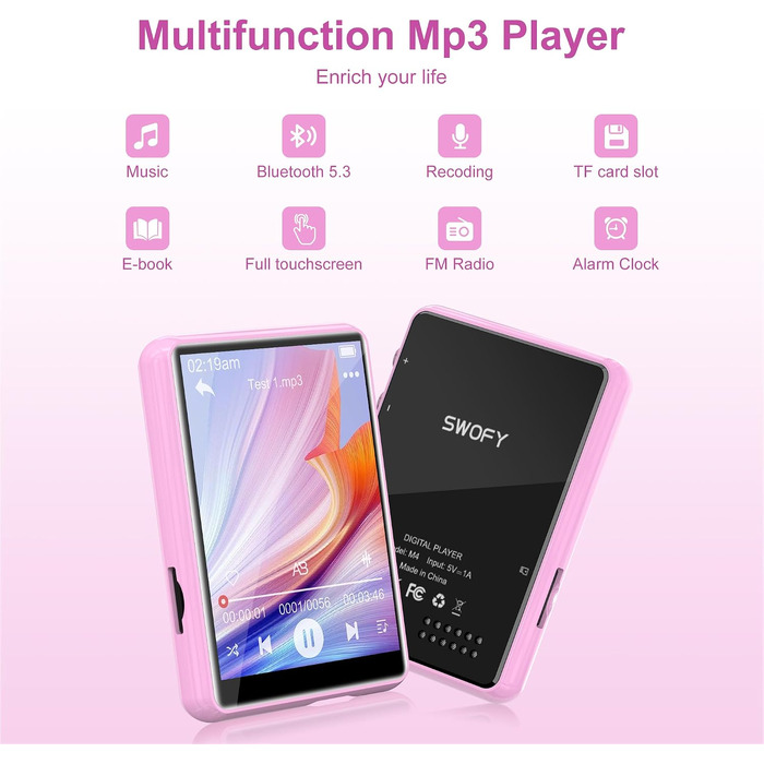 MP3 плеєр SWOFY з Bluetooth 5.3, 64ГБ, HiFi звук, вбудований динамік, FM-радіо та диктофон, 2.4