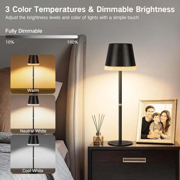 Світлодіодний настільний світильник OUTON з акумулятором, USB-C, 4000mAh, 3 режими освітлення, димування, сенсорне управління, чорний (2 шт)