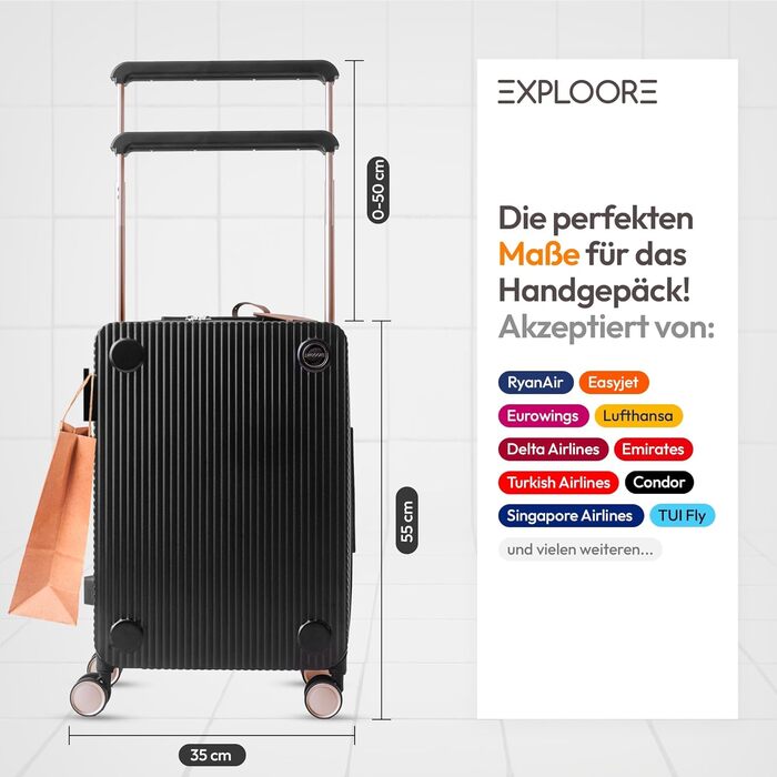 Чемодан ручної поклажі на колесах 35x22x55 см, міцний дорожній чемодан, корпус з полікарбонату, TSA-замок, ідеальний для ручної поклажі, чорний/шампань рожевий