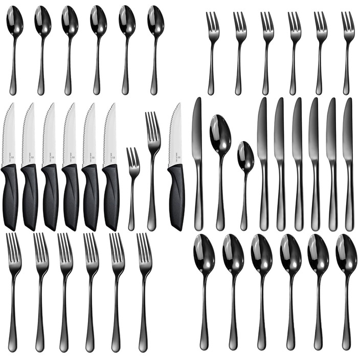 Набір столових приборів на 6 осіб, Targzier, 36 предметів, нержавіюча сталь, з ножем для стейка, преміум-якість, для сім'ї/вечірки/готелю, чорний, придатний для миття в посудомийній машині