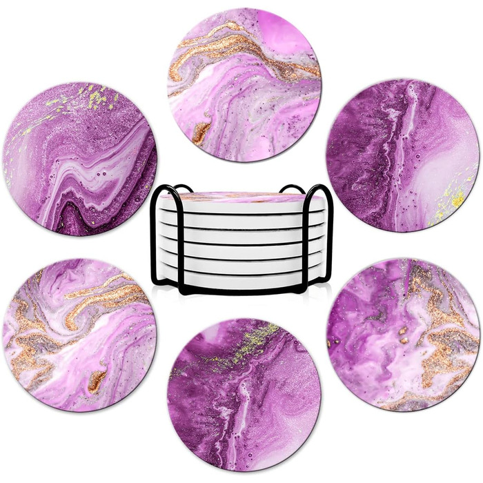 Drink coasters, round, absorbent ceramic stone coasters with cork base, funny turquoise marble drinks (Purple)