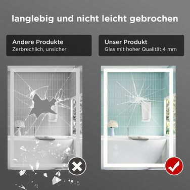 Дзеркало для ванної кімнати з підсвічуванням 50x70 см, сенсорне керування, протитуманне покриття, 3 кольори світла, регулювання яскравості, пам'ять налаштувань, матове, прямокутне