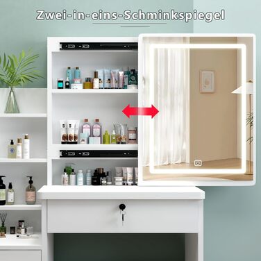 Косметичний стіл Zeaper з LED-підсвіткою, дзеркалом, стільцем, 3 шухлядами та 5 полицями, сучасний туалетний столик з дерева, білий
