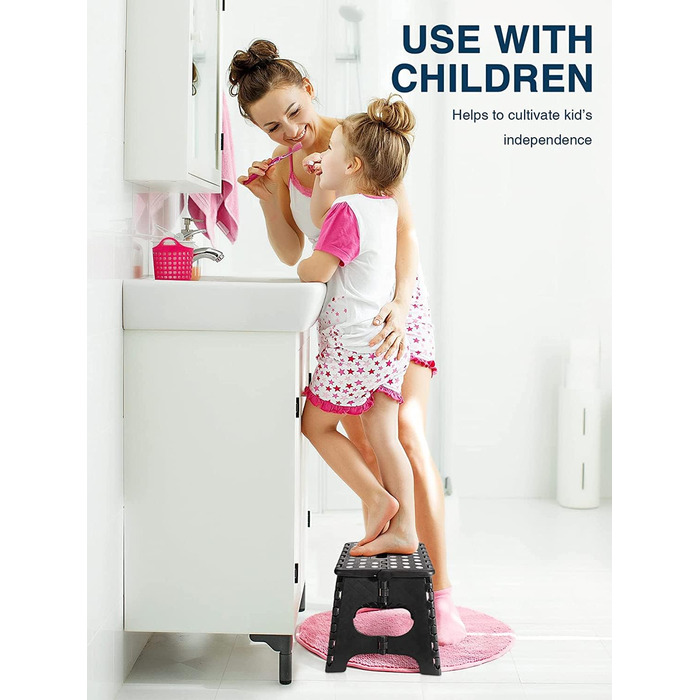 Складний стілець HOUSE DAY 27см чорний: міцний, з антиковзними ніжками та ручкою, для кухні, ванної, дитячої кімнати, кемпінгу, вантажопідйомність 150кг