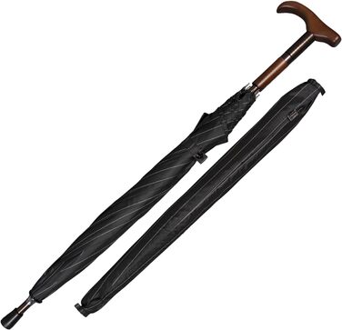 iX-brella Folding Umbrella, Height Adjustable with Wooden Handle - Black Pinstripe