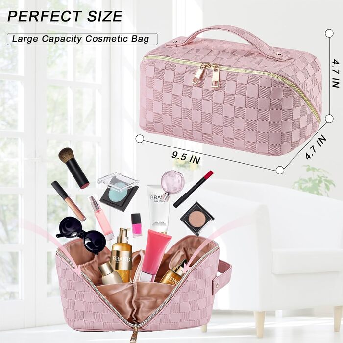 Жіноча косметичка для подорожей з великим об'ємом, водонепроникна, з перегородками, органайзер (кремовий абрикос) (рожевий пудра)